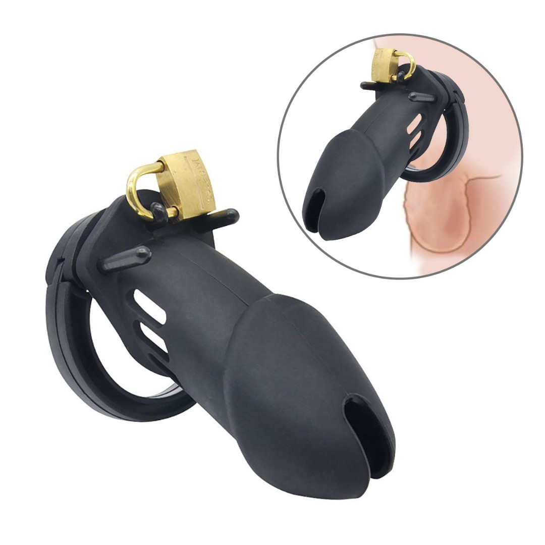 Cinto de Castidade em Silicone com Ponta Vazada e Cadeado 10 x 3,8cm Preto  :: Sex Shop Loja do Prazer